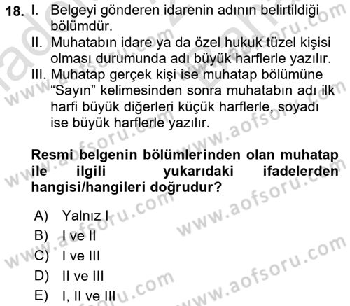 Hukuk Dili Ve Adli Yazışmalar Dersi 2021 - 2022 Yılı (Vize) Ara Sınavı 18. Soru