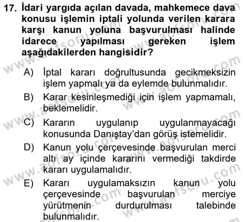 İdari Yargı Dersi 2015 - 2016 Yılı Tek Ders Sınav Soruları 17. Soru