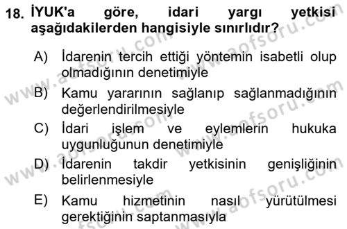 İdari Yargı Dersi 2025 - 2026 Yılı (Vize) Ara Sınav Soruları 18. Soru