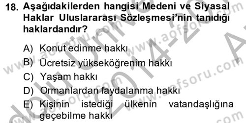 İnsan Hakları Ve Kamu Özgürlükleri Dersi 2014 - 2015 Yılı (Vize) Ara Sınav Soruları 18. Soru