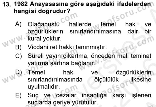 İnsan Hakları Ve Kamu Özgürlükleri Dersi 2015 - 2016 Yılı (Vize) Ara Sınav Soruları 13. Soru