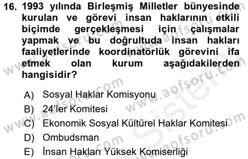 İnsan Hakları Ve Kamu Özgürlükleri Dersi 2015 - 2016 Yılı (Vize) Ara Sınav Soruları 16. Soru
