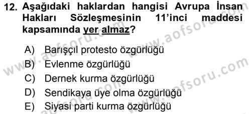 İnsan Hakları Ve Kamu Özgürlükleri Dersi 2015 - 2016 Yılı Tek Ders Sınavı 12. Soru