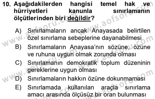 İnsan Hakları Ve Kamu Özgürlükleri Dersi 2016 - 2017 Yılı 3 Ders Sınavı 10. Soru