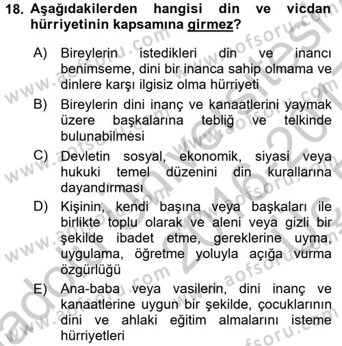 İnsan Hakları Ve Kamu Özgürlükleri Dersi 2016 - 2017 Yılı 3 Ders Sınavı 18. Soru