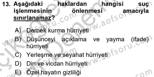 İnsan Hakları Ve Kamu Özgürlükleri Dersi 2016 - 2017 Yılı (Vize) Ara Sınav Soruları 13. Soru