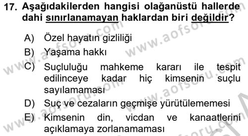 İnsan Hakları Ve Kamu Özgürlükleri Dersi 2016 - 2017 Yılı (Vize) Ara Sınav Soruları 17. Soru