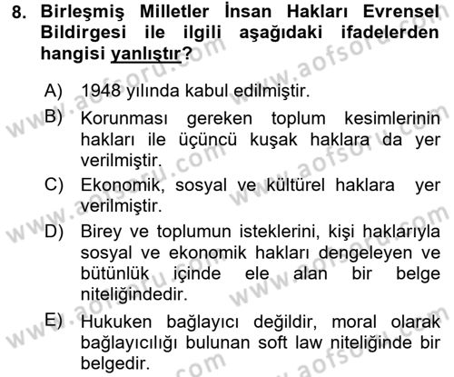 İnsan Hakları Ve Kamu Özgürlükleri Dersi 2016 - 2017 Yılı (Vize) Ara Sınavı 8. Soru