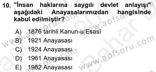 İnsan Hakları Ve Kamu Özgürlükleri Dersi 2017 - 2018 Yılı (Vize) Ara Sınav Soruları 10. Soru