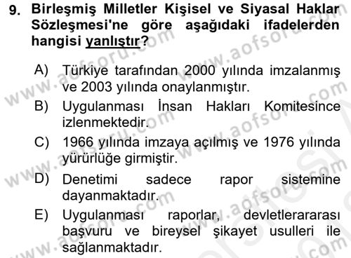 İnsan Hakları Ve Kamu Özgürlükleri Dersi 2017 - 2018 Yılı (Vize) Ara Sınav Soruları 9. Soru