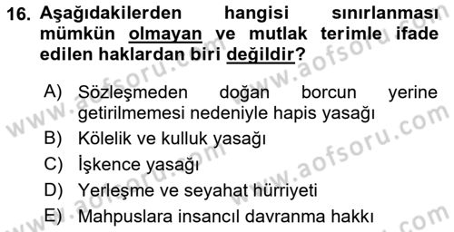 İnsan Hakları Ve Kamu Özgürlükleri Dersi 2018 - 2019 Yılı (Vize) Ara Sınav Soruları 16. Soru