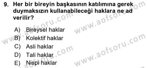 İnsan Hakları Ve Kamu Özgürlükleri Dersi 2018 - 2019 Yılı (Vize) Ara Sınav Soruları 9. Soru