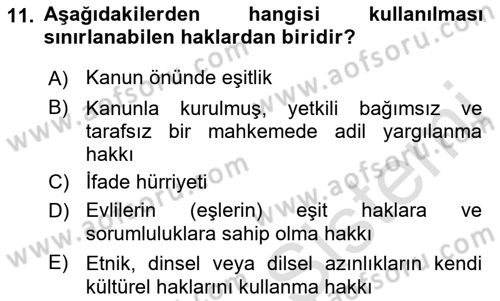 İnsan Hakları Ve Kamu Özgürlükleri Dersi 2019 - 2020 Yılı (Vize) Ara Sınavı 11. Soru