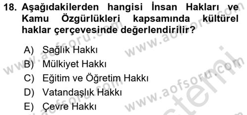 İnsan Hakları Ve Kamu Özgürlükleri Dersi 2020 - 2021 Yılı Yaz Okulu Sınav Soruları 18. Soru