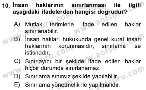 İnsan Hakları Ve Kamu Özgürlükleri Dersi 2021 - 2022 Yılı (Vize) Ara Sınavı 10. Soru