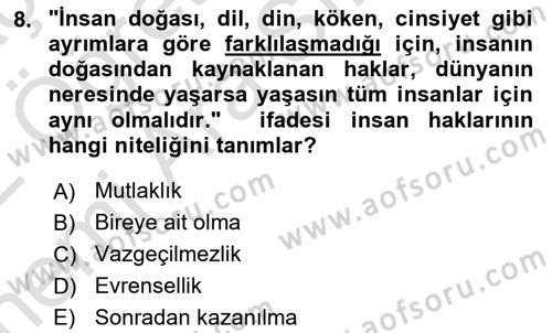 İnsan Hakları Ve Kamu Özgürlükleri Dersi 2021 - 2022 Yılı (Vize) Ara Sınavı 8. Soru