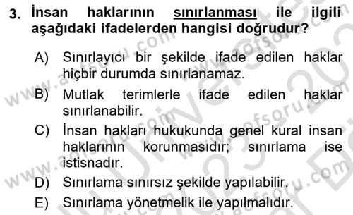 İnsan Hakları Ve Kamu Özgürlükleri Dersi 2023 - 2024 Yılı (Vize) Ara Sınav Soruları 3. Soru