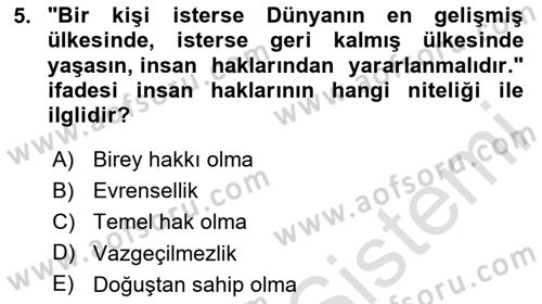 İnsan Hakları Ve Kamu Özgürlükleri Dersi 2023 - 2024 Yılı (Vize) Ara Sınav Soruları 5. Soru