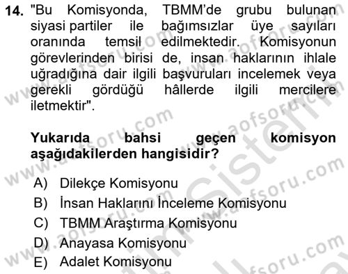 İnsan Hakları Ve Kamu Özgürlükleri Dersi 2023 - 2024 Yılı (Final) Dönem Sonu Sınav Soruları 14. Soru