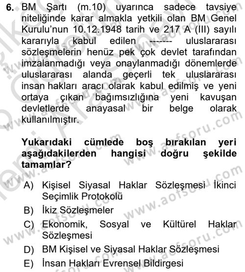 İnsan Hakları Ve Kamu Özgürlükleri Dersi 2025 - 2026 Yılı (Vize) Ara Sınav Soruları 6. Soru