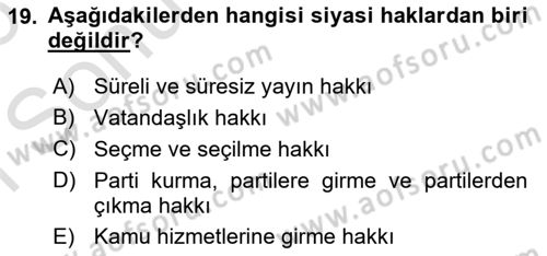 İnsan Hakları Ve Kamu Özgürlükleri Dersi 2025 - 2026 Yılı (Final) Dönem Sonu Sınav Soruları 19. Soru