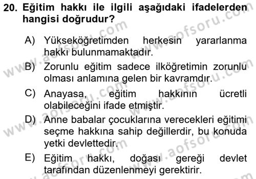 İnsan Hakları Ve Kamu Özgürlükleri -x Dersi 2018 - 2019 Yılı 3 Ders Sınav Soruları 20. Soru