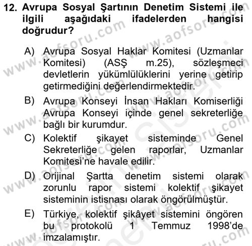 İnsan Hakları Ve Kamu Özgürlükleri -x Dersi 2018 - 2019 Yılı (Final) Dönem Sonu Sınav Soruları 12. Soru