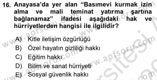 İnsan Hakları Ve Kamu Özgürlükleri -x Dersi 2019 - 2020 Yılı (Final) Dönem Sonu Sınav Soruları 16. Soru