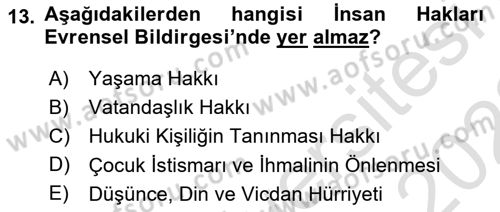 İnsan Hakları Ve Kamu Özgürlükleri -x Dersi 2021 - 2022 Yılı (Vize) Ara Sınav Soruları 13. Soru