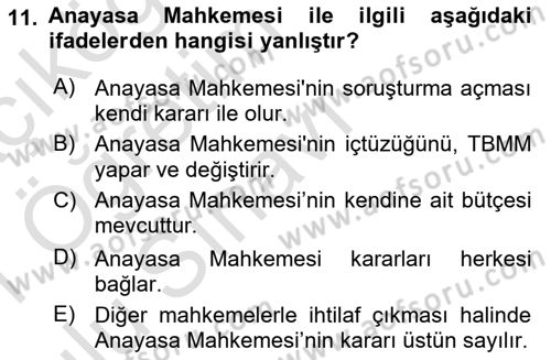 İdari Yargı Ve Anayasa Yargısı Dersi 2020 - 2021 Yılı Yaz Okulu Sınav Soruları 11. Soru