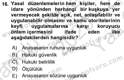 İdari Yargı Ve Anayasa Yargısı Dersi 2020 - 2021 Yılı Yaz Okulu Sınav Soruları 16. Soru