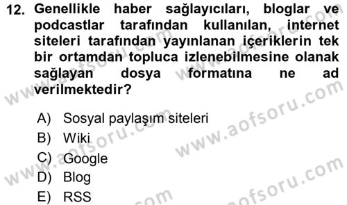 Büro Teknolojileri Dersi Ara Sınavı Deneme Sınav Soruları 12. Soru