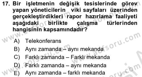 Büro Teknolojileri Dersi 2016 - 2017 Yılı (Vize) Ara Sınavı 17. Soru