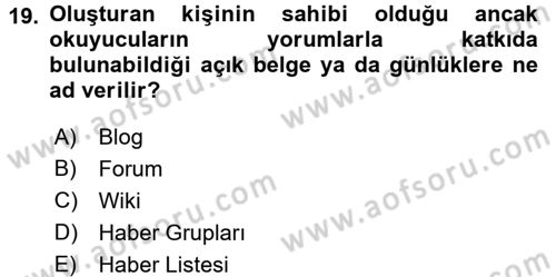 Büro Teknolojileri Dersi 2016 - 2017 Yılı (Vize) Ara Sınavı 19. Soru