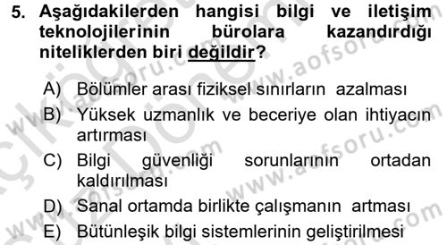 Büro Teknolojileri Dersi 2016 - 2017 Yılı (Vize) Ara Sınavı 5. Soru