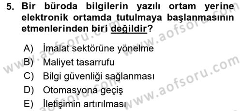 Büro Teknolojileri Dersi Ara Sınavı Deneme Sınav Soruları 5. Soru