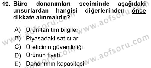 Büro Teknolojileri Dersi 2017 - 2018 Yılı (Final) Dönem Sonu Sınav Soruları 19. Soru