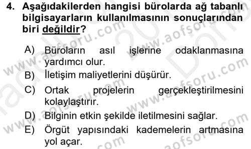 Büro Teknolojileri Dersi 2017 - 2018 Yılı (Final) Dönem Sonu Sınav Soruları 4. Soru