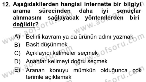 Büro Teknolojileri Dersi Ara Sınavı Deneme Sınav Soruları 12. Soru