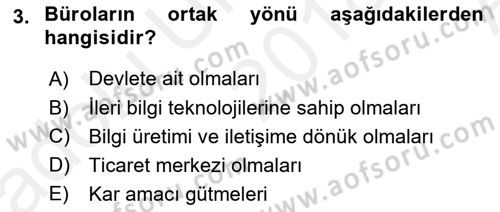 Büro Teknolojileri Dersi Ara Sınavı Deneme Sınav Soruları 3. Soru