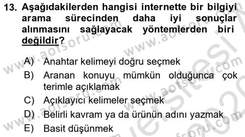 Büro Teknolojileri Dersi Ara Sınavı Deneme Sınav Soruları 13. Soru