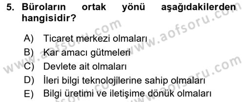 Büro Teknolojileri Dersi Ara Sınavı Deneme Sınav Soruları 5. Soru