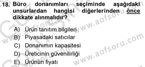 Büro Teknolojileri Dersi 2019 - 2020 Yılı (Final) Dönem Sonu Sınav Soruları 18. Soru