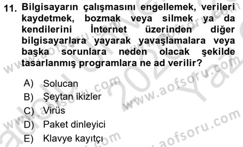 Büro Teknolojileri Dersi 2019 - 2020 Yılı Yaz Okulu Sınav Soruları 11. Soru