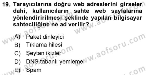 Büro Teknolojileri Dersi 2019 - 2020 Yılı Yaz Okulu Sınav Soruları 19. Soru
