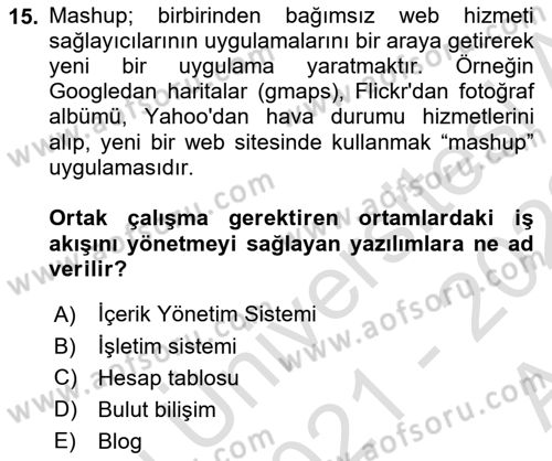 Büro Teknolojileri Dersi Ara Sınavı Deneme Sınav Soruları 15. Soru