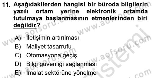 Büro Teknolojileri Dersi 2021 - 2022 Yılı Yaz Okulu Sınav Soruları 11. Soru