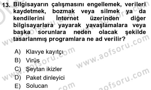 Büro Teknolojileri Dersi 2021 - 2022 Yılı Yaz Okulu Sınav Soruları 13. Soru