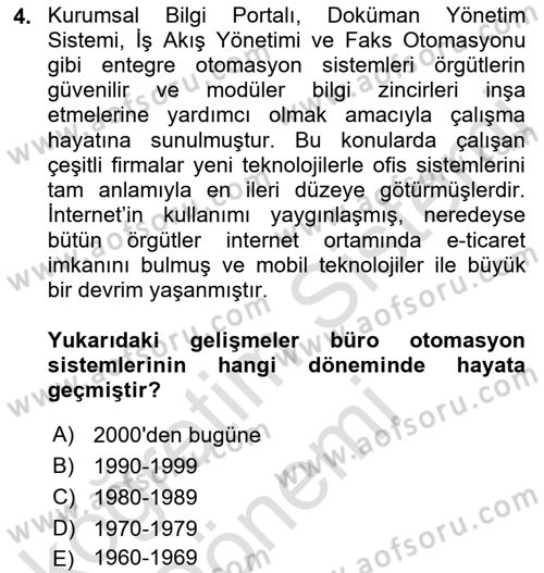 Büro Teknolojileri Dersi Ara Sınavı Deneme Sınav Soruları 4. Soru