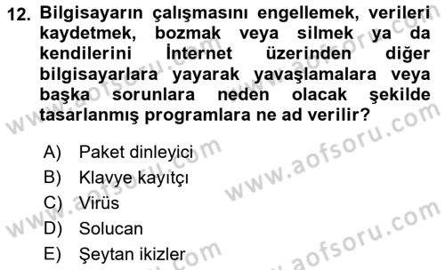 Büro Teknolojileri Dersi 2022 - 2023 Yılı Yaz Okulu Sınav Soruları 12. Soru